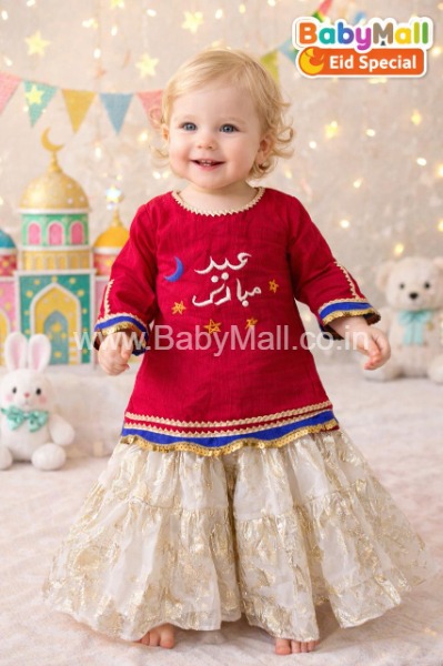 Eid Mubarak Embroidered Garara Dress for 6 Month To 2 Years